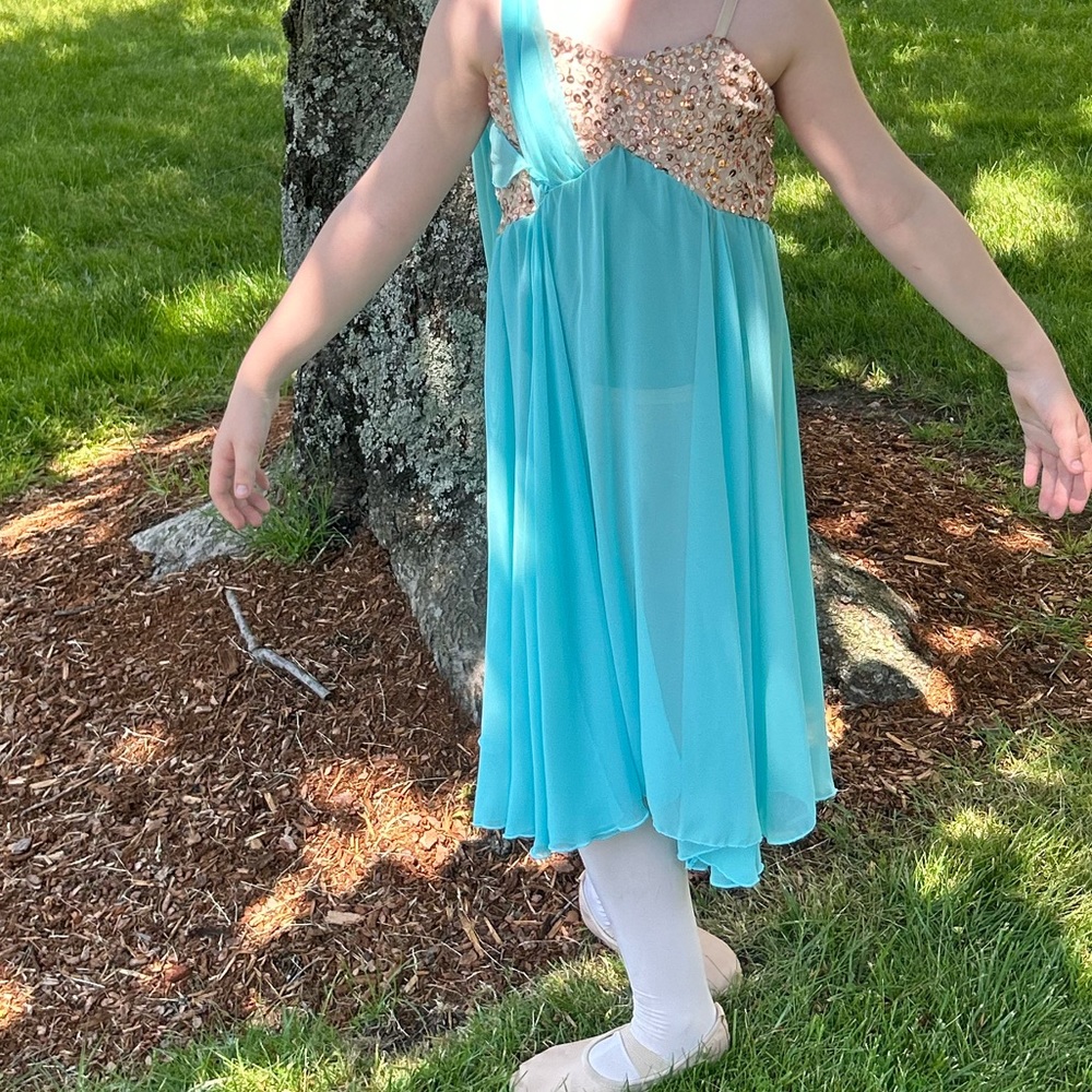 Blue and beige dance recital dress